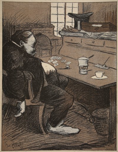 一生懸命、カードとコーヒーから一休み！、「L&39;assiette au Beurre：Les Functionionnaires」のイラスト、1902年8月9日 作： Eugene Cadel