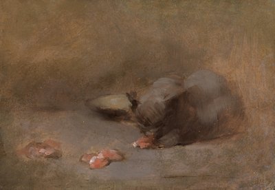 Chat Mangeant (ボードに置かれたキャンバスに油彩) 作： Eugène Carrière