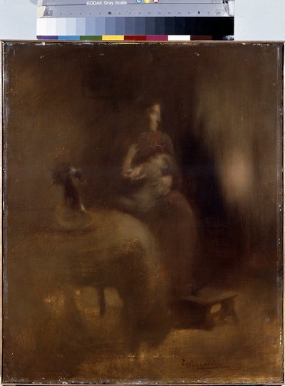 赤ちゃんをひざに乗せた女性。 Eugene Carriere（1849-1906）による絵画 作： Eugène Carrière