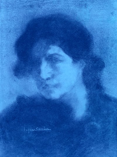 女性の肖像」（紙に青インク、ウォッシュ） 作： Eugène Carrière