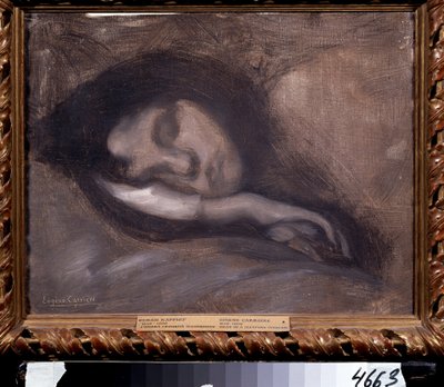 眠っている女性の頭。 Eugene Carriere（1849-1906）による絵画。 サイズ: 36x47cm。 キャンバスに油彩。 象徴主義。 プーシキン美術館、モスクワ 作： Eugène Carrière