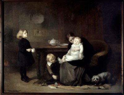 病気の子供 病気の赤ん坊にキスをする未亡人の母親。ウジェーヌ・カリエール（1849-1906）による絵画 1885年 Sun.2x2,46 m パリ、オルセー美術館 作： Eugène Carrière