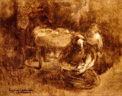 子供の靴紐を打つ女性（油彩・キャンバス） 作： Eugène Carrière