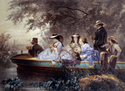 川で釣りをする家族との日曜日 ウジェーヌ・ゲラール（1821-1866）によるリトグラフ 19世紀 パリ、カルナヴァレ美術館 作： Eugene Charles Francois Guerard