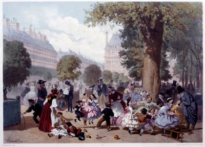 パリのチュイルリー公園の風景 子供たち、保育園、散歩する人たち。ユージン・ゲラール（1821-1866）の版画 1856年 パリ、カルナヴァレ美術館 作： Eugene Charles Francois Guerard