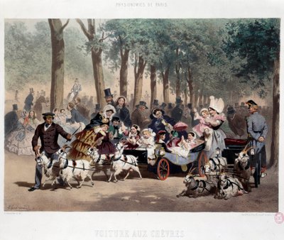 19世紀のパリ、チュイルリー公園を車で歩く ユージン・ゲラール（1821-1866）によるリトグラフ 19世紀 パリ、カルナヴァレ美術館 作： Eugene Charles Francois Guerard