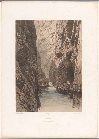 Trient Schlucht を通る橋のハイカー Gorge du Trient (オブジェクトのタイトル) スイス、サボイ、チロルの景色 (シリーズ タイトル) La Suisse, la Savoie et le Tyrol (オブジェクトのシリーズ タイトル) 作： Eugene Ciceri
