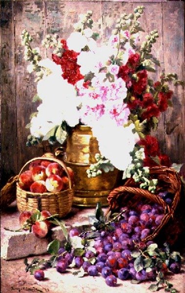 真鍮製の壷に入った花と籠に入った果物のある静物画 作： Eugene Claude