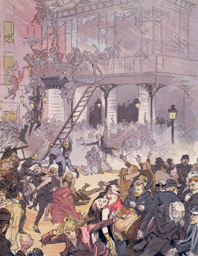 1887 年 5 月 25 日のオペラ コミックでの火事 (カラー リソ) 作： Eugene Courboin