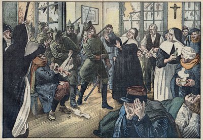 1914年、第一次世界大戦：シスター・ジュリーとして知られるアメリ・リガードは、自分の病院の負傷者をドイツ兵から守る。ゲルベビラー、ムルトとモーゼル（54）。ダンブランスのイラスト。5月17日付「ル・ペレラン」紙にて 作： Eugene Damblans