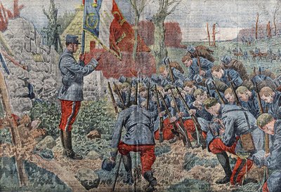 旗を持った司祭が、攻撃に出た連隊の将校や兵士に赦免を与える。1915年の "Le pelerin "にて。 作： Eugene Damblans