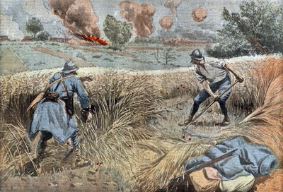 ドイツ人を殺すために麦を刈るフランス人砲手（フランスの新聞「ル・ペレラン」6月30日号より、ダンブランの絵 作： Eugene Damblans