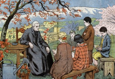 庭で聖体拝領をする神父と未来の若者たち（「ル・ペレラン」紙からダンブランが描いたもの）17年5月 作： Eugene Damblans