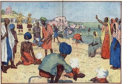 大英帝国に対するインドの市民的不服従週間。ボンベイ・ビーチで、ガンジー（1869-1948）と彼の支持者たちは、ガベル法に違反して海水を煮沸して塩を得る。女性たちはこのコーラスを繰り返して彼らを励ます。"破れ、塩の法を破れ。 作： Eugene Damblans