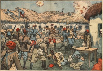 植民地軍はデュボアン大尉のもと、モロッコのアウレイ（Aoulai）ポストを解除した。ダンブランスのイラスト。6月7日の「ル・ペレラン」では 作： Eugene Damblans