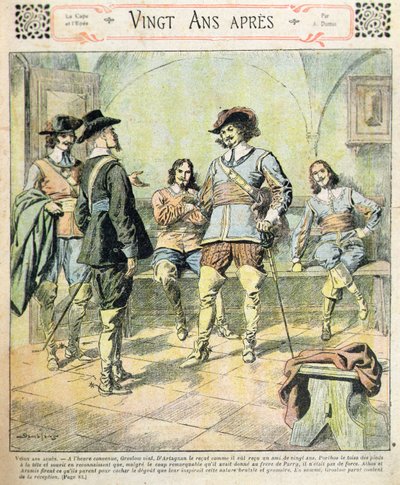1900年頃の「Journal des Romans Populaires Illustres」に掲載されたAlexandre Dumas pere（1803-70）の連載「Vingt Ans Apres」の表紙（カラーリトグラフ）。 作： Eugene Damblans