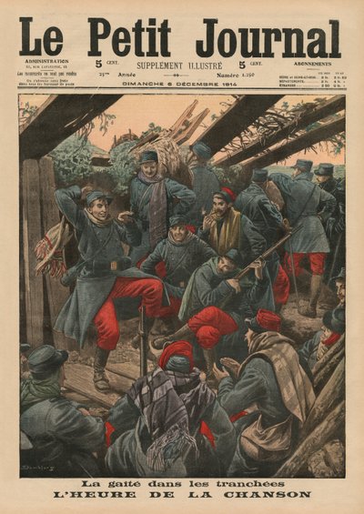 塹壕のハッピーパーティー、ソングタイム、「ルプチジャーナル」の表紙イラスト、補足イラストレーター、1914年12月6日 作： Eugene Damblans