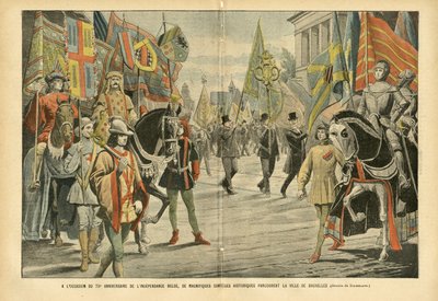 Eugene Damblans (1865-1945)によるイラスト（Le Pelerin, 06/08/05） - ベルギー独立70周年を記念して、壮大な歴史的行列がブリュッセルの街を巡る - ベルギー, 歴史, 国旗, ブリュッセル, 記念碑 作： Eugene Damblans