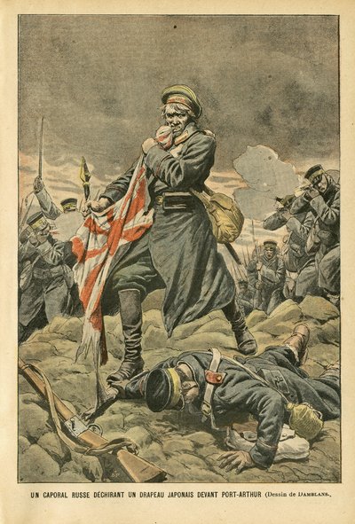 Eugene Damblans (1865-1945)のイラスト（Le Pelerin, 01/01/05） - 旅順の前で日本の旗を引き裂くロシアの伍長 - ロシア, 日本, 旅順, 日露戦争, 戦闘, 小銃 - 兵士, 伍長 作： Eugene Damblans