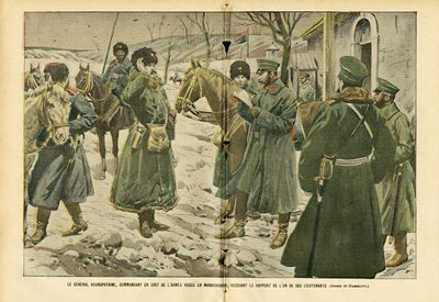 Eugene Damblans (1865-1945)のイラスト（Le Pelerin, 05/03/05） - 中尉の報告を受ける満州のロシア軍司令官クロパトキン将軍 - ロシア, アルメア, 満州, 日露戦争, 雪 - 将軍 作： Eugene Damblans