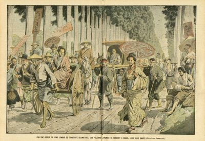 Eugene Damblans (1865-1945)のイラスト（Le Pelerin, 09/04/05） - 50キロに及ぶ松の並木道を通って、日本のペレリンは聖地である日光へと向かう - 宗教 信仰, 日本, ファッション, 木, 日光 - Pelerinages 作： Eugene Damblans
