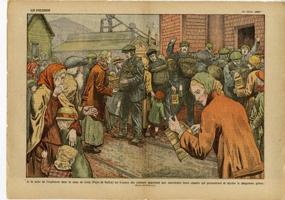 Eugene Damblans (1865-1945)のイラスト（Le Pelerin, 20/03/27） - 鉱山での爆発の後...鉱夫の女性たちは、危険な発射を阻止することができるカナリアを救助者に持ってきた - イギリス イギリス, 鉱業, 工業 In 作： Eugene Damblans