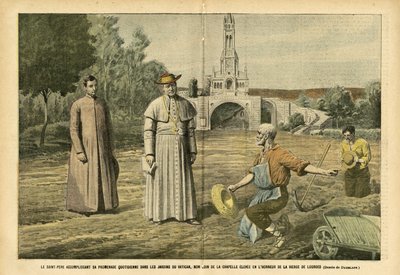 Eugene Damblans (1865-1945)のイラスト（Le Pelerin, 20/08/05） - ルルドの聖母を称えるために建てられた礼拝堂からほど近いバチカンの庭園で日課の散歩をする聖父 - 宗教 信仰, 農業, バチカン, カトリック 作： Eugene Damblans