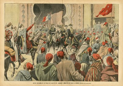 Eugene Damblans (1865-1945)のイラスト（Le Pelerin, 20/10/07） - 在モロッコ・フランス公使レグノー氏によるラバト宮殿への厳粛な入場 - 植民地化 植民地, 建築 Urbanisme, モロッコ, 公式訪問 - Regnault Euge 作： Eugene Damblans