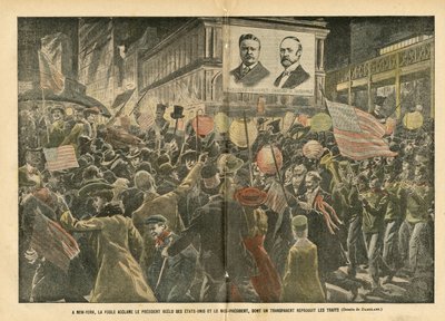 Le Pelerin誌に掲載されたEugene Damblans (1865-1945)のイラスト、2004年11月20日 - ニューヨークでは、再選されたアメリカ大統領と副大統領に群衆が喝采を送っており、その透明なものは特徴を再現している - アメリカ アメリカ, 選挙, 建築 Urbani 作： Eugene Damblans