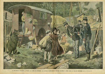 Le Pelerin, 21/04/07に掲載されたユージン・ダンブラン（1865-1945）のイラスト - 国家憲兵隊はボヘミアンのキャンプを通して、最近パリ郊外で起きた攻撃や強盗の犯人を探している - 様々な事実、子供時代、警察、ミゼール、インセック 作： Eugene Damblans