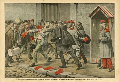 Eugene Damblans (1865-1945)のイラスト（Le Pelerin, 22/10/05） - サンテティエンヌでは、反軍国主義の衣装を徴兵制に配ろうとした2人のアナキストが警察に逮捕された - Antimilitarism, Anarchist Anarchism, Armee, Police, Saint- 作： Eugene Damblans
