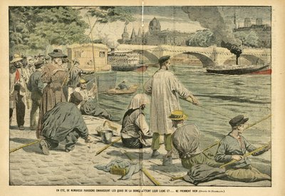 Eugene Damblans (1865-1945)のイラスト（Le Pelerin, 23/06/05） - 夏になると、多くのパリジャンがセーヌ川の堤防に侵入し、釣り糸を投げて...何も取らない - ロワジール, パリ, 釣り Pecher Pecheur, Pont, Seine (river), Ete, Peniche, Canne a fish 作： Eugene Damblans
