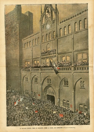 Eugene Damblans (1865-1945)のイラスト（Le Pelerin, 23/06/07） - ナルボンヌ市長のFerroul医師がデミッションの合図をする - 社会, 都市建築, ワイン, Emutes revolts, ワイン危機葡萄畑 Revolte des vignerons, Narbonne, 市長, Fer 作： Eugene Damblans