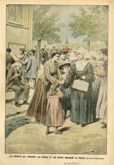 Eugene Damblans (1865-1945)のイラスト（Le Pelerin, 24/07/04） - 兄弟姉妹を追い出す命令は人々を憤慨させる - Teaching, Religion Faith, Crowd, Catholic Catholicism - 政教分離、宗教者の立ち退き、Teachin 作： Eugene Damblans