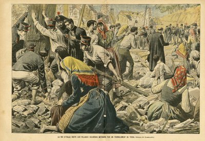 Eugene Damblans (1865-1945)のイラスト（Le Pelerin, 24/09/05） - イタリア国王が地震で破壊されたカラブリアの村を訪問 - 雑学, イタリア, 建築 都市計画, 破壊 建造物, 自然災害, 地震, カラブリア - 作： Eugene Damblans