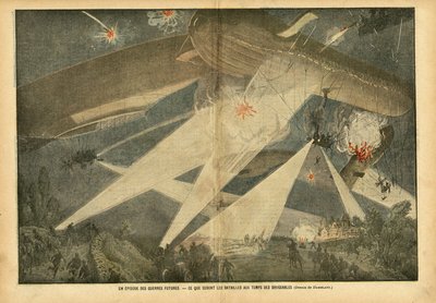 Eugene Damblans (1865-1945)のイラスト（Le Pelerin, 24/11/07） - 未来の戦争のエピソード - 飛行船の時代の戦いはどうなるのか - 戦争, 気球 飛行船 ゼッペリン エアロステーション, 夜想曲, 戦闘 作： Eugene Damblans