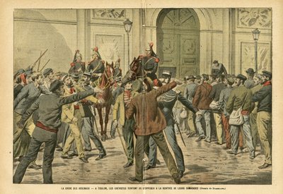 Eugene Damblans (1865-1945)のイラスト（Le Pelerin, 26/11/05） - The strike of arsenals トゥーロンでは、グレヴィストたちが同志の家賃に反対しようとしている - Social, Greve, Architecture Urbanism, Maritime Marine Nautical Balneaire, Toulon, Arsenal ar 作： Eugene Damblans