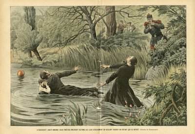 Eugene Damblans (1865-1945)のイラスト（Le Pelerin, 30/07/05） - Riaucourt (Haute-Marne)では2人の司祭が溺れた子供を助けようとして献身的に犠牲になった - 雑学, 子供時代, 海上・海事・航海 Balneaire, Riviere 作： Eugene Damblans