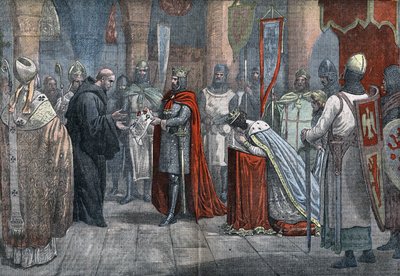アリエノール・ダキテーヌ（1122-1204）（またはエレオノーレ・ドゥ・ギュイエンヌ）とともに第3回十字軍に出発したフランス王ルイ7世（1120 - 1180）は、パリ近郊のサン・ドニ修道院の賢者で学者のシュガー・アッベに摂政の権限を委ねた。ドローイ 作： Eugene Damblans