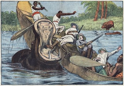 アフリカのビクトリア湖で、英国国教会の宣教師と先住民が乗ったボートが、傷ついたカバによって転覆させられる。Damblansのイラスト。5月16日付「ル・ペレラン」にて 作： Eugene Damblans