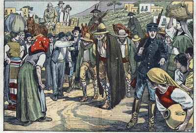 イタリアのファシスト警察に逮捕された強盗たち。イタリア・シチリア島。Damblansのイラスト。2月14日付「ル・ペレラン」にて 作： Eugene Damblans