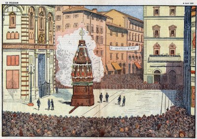 フィレンツェ市の民俗行事「スコッピオ・デル・カロー（荷車の爆発）」 - 1928年4月、ダムランズのイラスト 作： Eugene Damblans