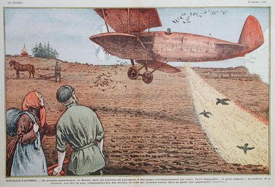 ソビエト・ロシアでの飛行機からの種まき、雑誌「ル・プレラン」のイラスト、1933年10月22日（カラーリトグラフ）。 作： Eugene Damblans