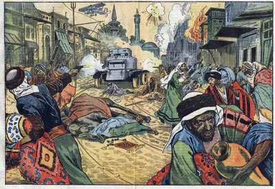 モーリス・サライユ将軍（1856-1929）のフランス軍の飛行機と自走式機関銃（セルフマシンガン）によるダマスカス（シリア）への攻撃の際に、ドルーズ（Druze）人が街中で略奪を行った。ダンブランスのイラスト。11月15日付「ル・ペレラン」にて 作： Eugene Damblans