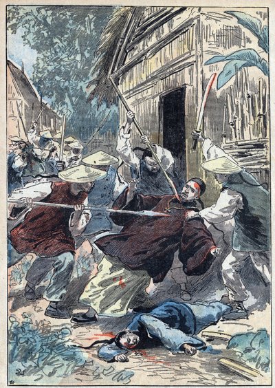 外国人宣教会の司祭であるフランス人のベルソレ（1865-1898）は、1898年4月21日、ユンガンチュー（Yun-Ngan-Cheou）という町の近くで、中国の国防軍に暗殺された。7月10日付「ル・ペレラン」に掲載されたダンブランのイラスト 作： Eugene Damblans