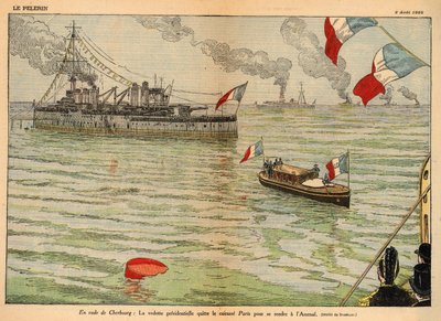 シェルブール港の大統領旗、1925年8月2日付「ル・ペレラン」の見開き2ページ（リトグラフ 作： Eugene Damblans