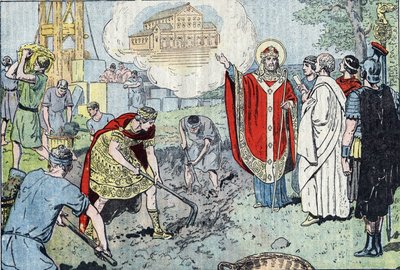 ローマ皇帝コンスタンティヌス1世（272-337）は、教皇聖シルベスターの洗礼を受けた後、ラテランに聖なる救い主のバシリカを建設することを決定し、324年に聖別されたが、12籠 作： Eugene Damblans