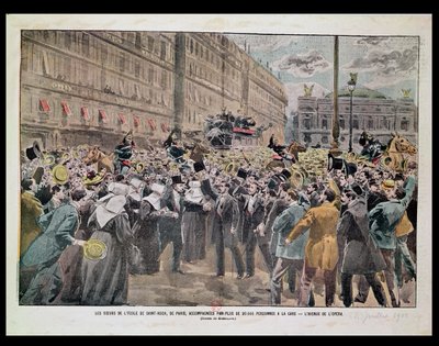 1902年7月22日、オペラ通り、2万人が駅に同行したパリのエコール・サン・ロックのシスターズ（カラーリソ） 作： Eugene Damblans