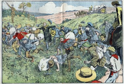 ダイヤモンドレース（南アフリカ）：鉱床に最も近いダイヤモンドの区画を誰が占有するかを決めるために組織されたレースのこと。8月3日付「ル・ペレラン」紙に掲載されたダンブランのイラスト 作： Eugene Damblans