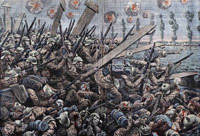 1914-1918年の戦争。1914年のベルギー戦線。イザー川のドイツ兵。Damblansのドローイング。 作： Eugene Damblans